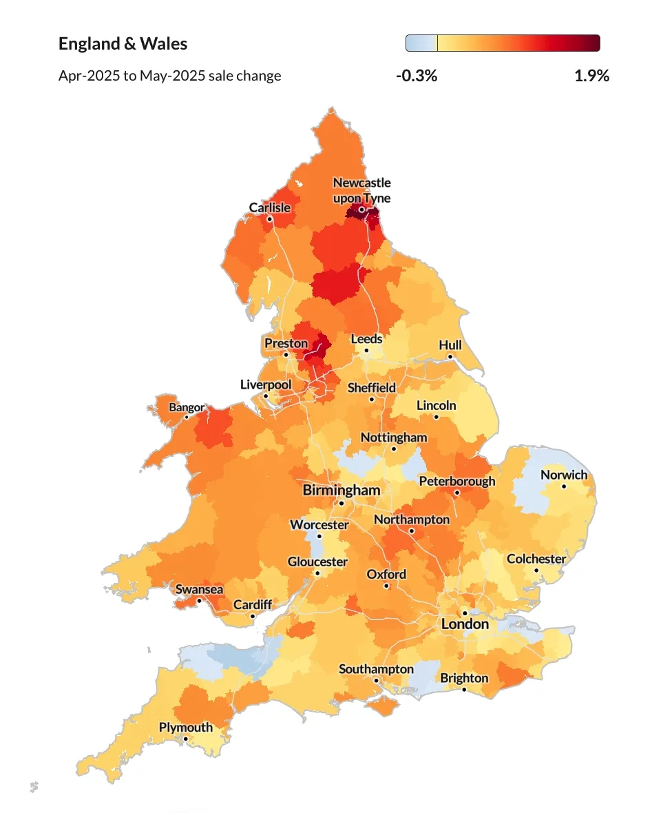 Fig. 02: Property sale change percentages in England and Wales between April and May 2025